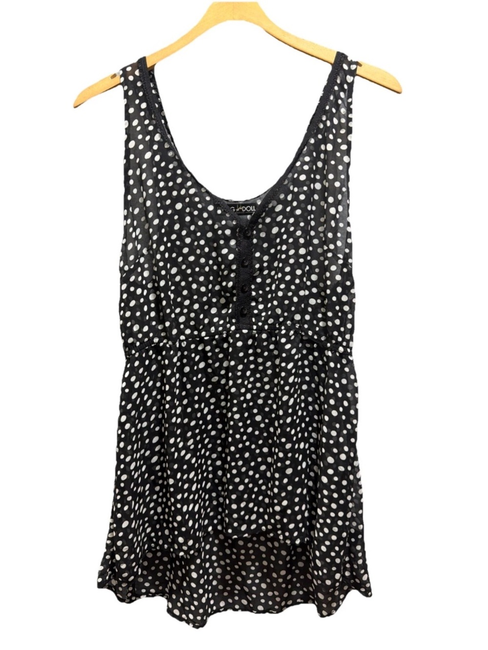 Living Doll Black & White Sheer Polka Dot Sleeveless High Low Blouse Large